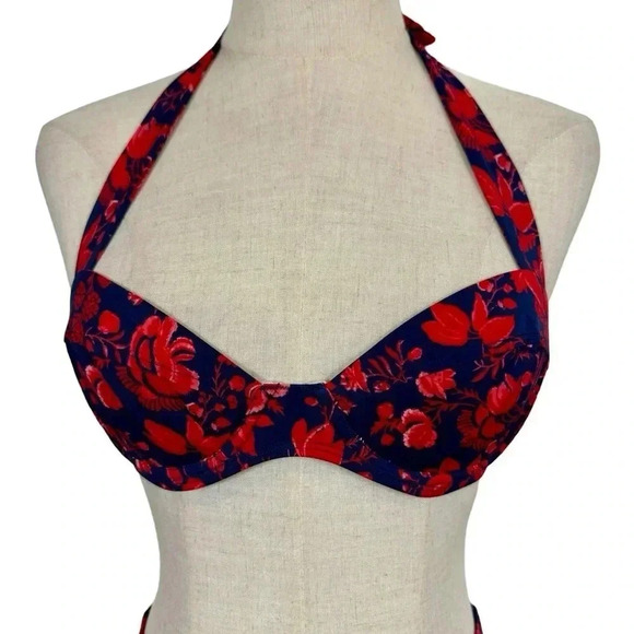 Pret-a-Surf Retro Halter Two Piece Bikini Bathing Suit in Red Blue Floral Toile - Picture 8 of 11
